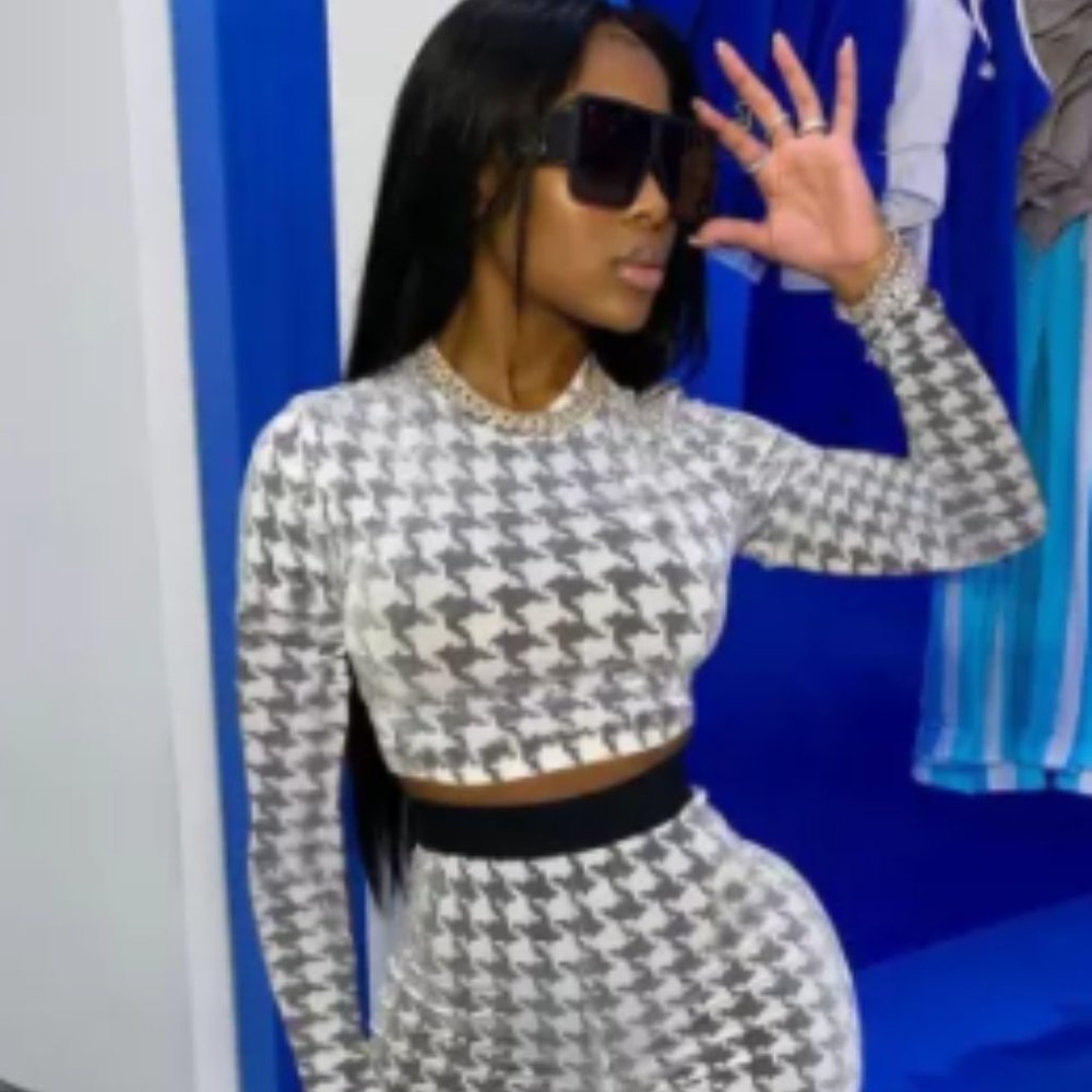 Houndstooth Print Long Sleeve Slim 2 Piece Pants